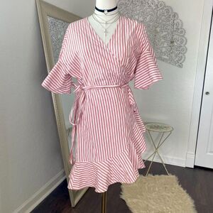 New Cute Pink Red & White Striped Ruffled Wrap Dress Hyfve M